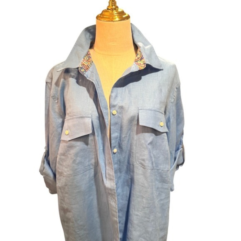 Lauren Ralph Lauren Womens Linen Blend Button Down Sleeve Shirt Blue Large 2X - Picture 4 of 11